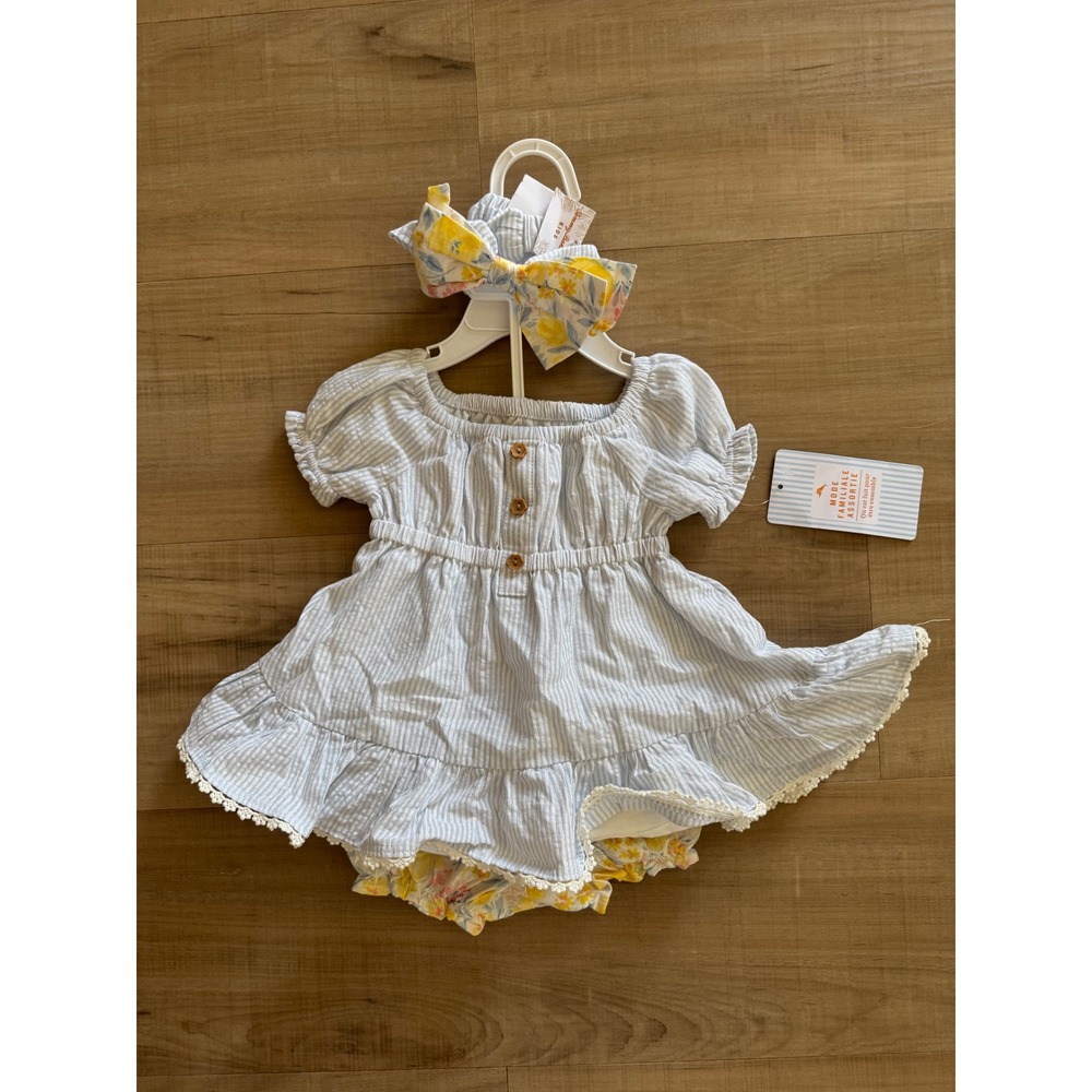 Baby Girls Blue Seersucker Stripe Dress Floral Bloomer Headband Set NWT